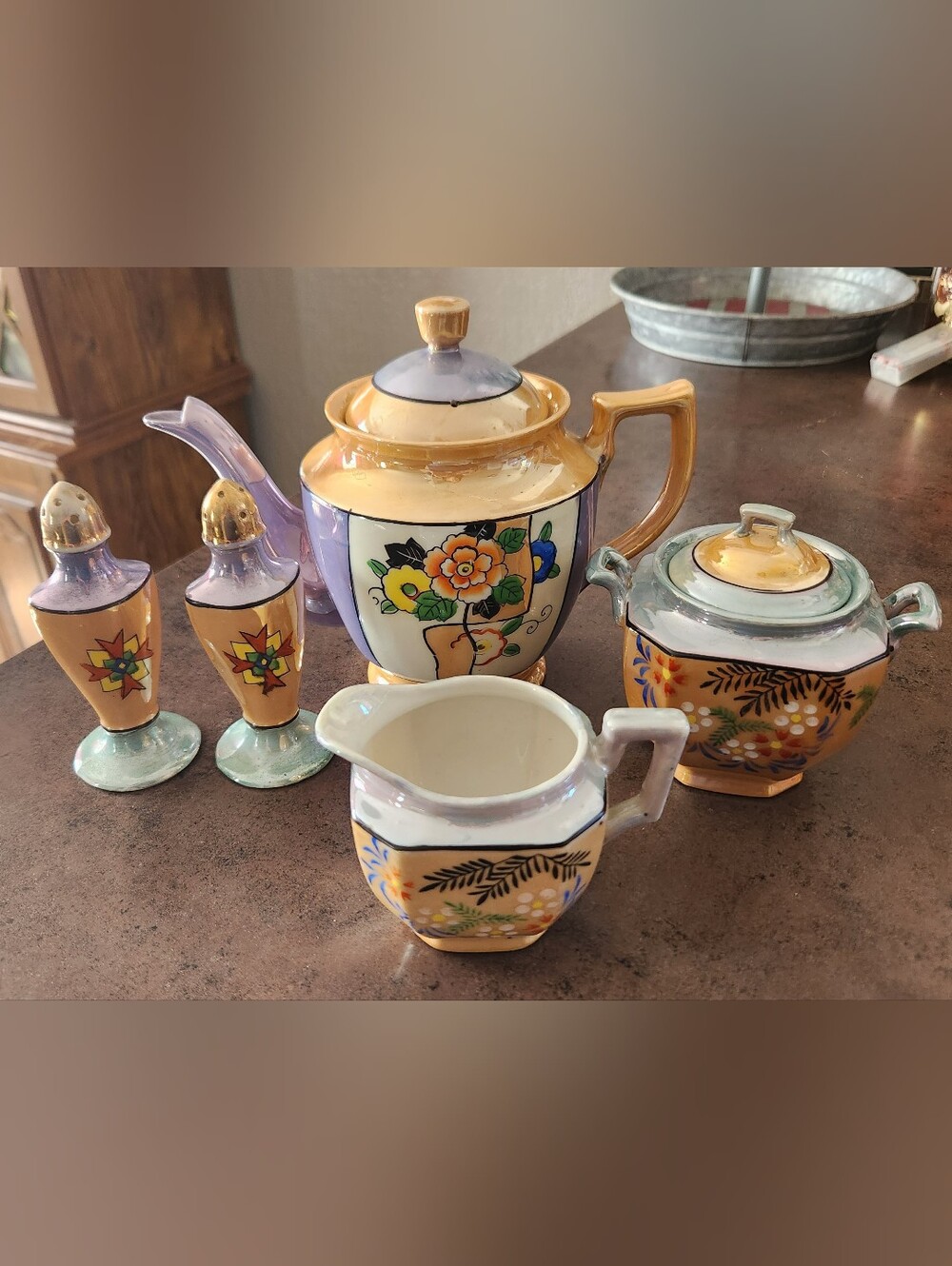 Vintage Art Deco Japanese Lusterware Tea Set Hand Painted Mid-20th Century 1930s